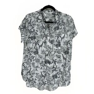 Jane And Delancey White Giraffe Blouse Women's Large Short Sleeve Button Up‎